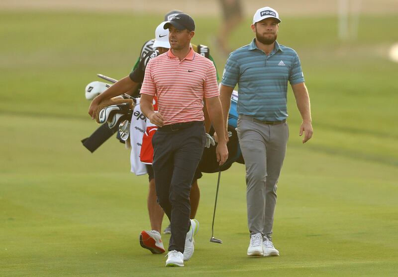 Rory McIlroy and Tyrrell Hatton walk on the 18th hole during the third round of the Abu Dhabi HSBC Championship. Getty Images