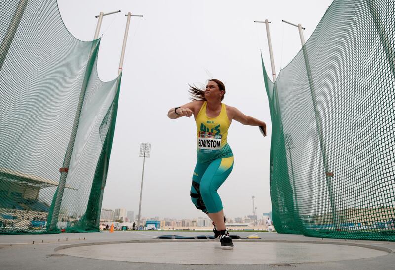 Australia's Sarah Edmiston during the women's discus throw F64 final at the Dubai Club for People of Determination Athletics Stadium. Reuters