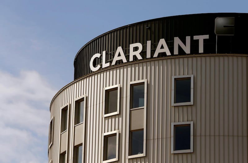 FILE PHOTO: The logo of Swiss specialty chemicals company Clariant is seen at the company's headquarters in Pratteln, Switzerland August 9, 2017.  REUTERS/Arnd Wiegmann/File Photo