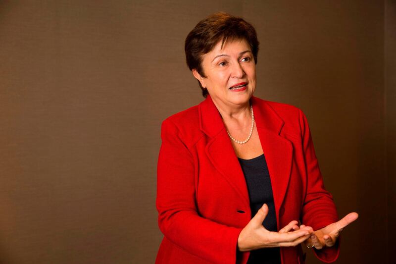 (FILES) In this file photo taken on September 30, 2016 European Commissioner for Budget and Human Resources Kristalina Georgieva speaks for AFP  in New York.  The Bulgarian number two of the World Bank Kristalina Georgieva emerged on August 02, 2019 on top in a fractious vote to be the EU's candidate to head the IMF, and her rival former Dutch finance minister Jeroen Dijsselbloem has accepted the result, a source said. The managing director of the IMF goes to a European by convention but not rule.  / AFP / DOMINICK REUTER
