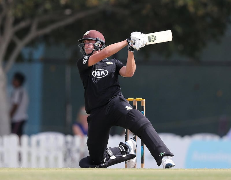 Dubai, United Arab Emirates - March 21, 2019: Surrey's Will Jacks bats in a T10 game against Lancashire. Thursday the 21st of March 2019 ICC Academy, Dubai. Chris Whiteoak / The National
