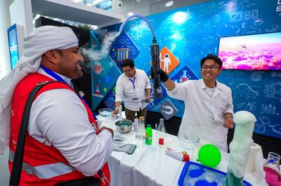 Abu Dhabi, United Arab Emirates, February 23, 2019.  Think Science Fair 2019 at Khalifa University.  Dolphin Energy with a dry ice experiment at the fair.
Victor Besa/The National
Section:  NA
Reporter:  Shireena Al Nowais