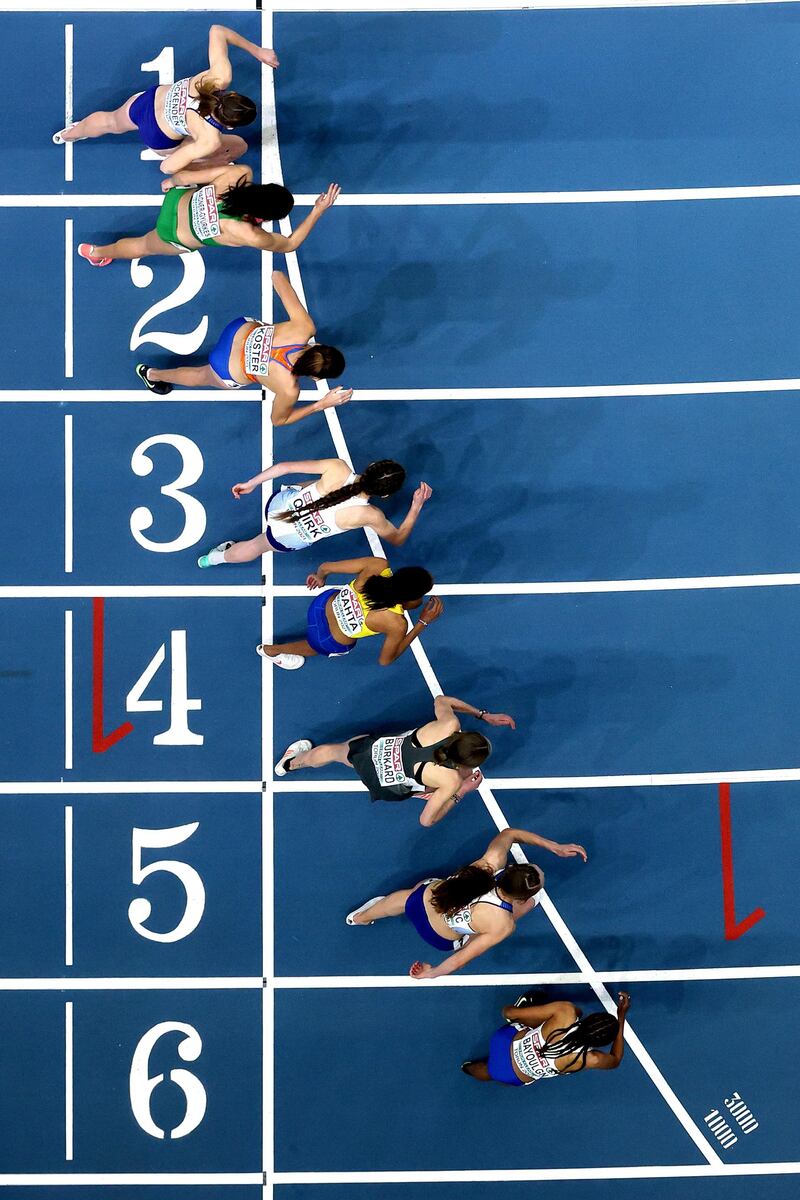Athletes at the starting line for the women's 3000 metres at the European Athletics Indoor Championships at Arena Torun in Poland, on Friday, March 5. Getty