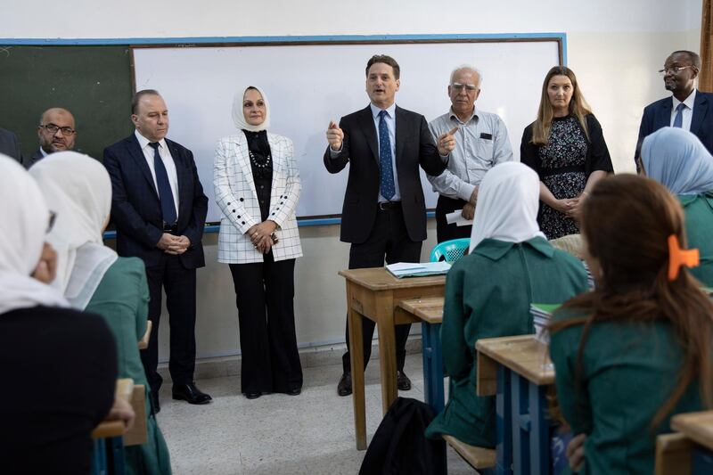 Pierre Krahenbuhl, centre, promised that UNRWA would do everything to “protect our flagship education programme”.  EPA