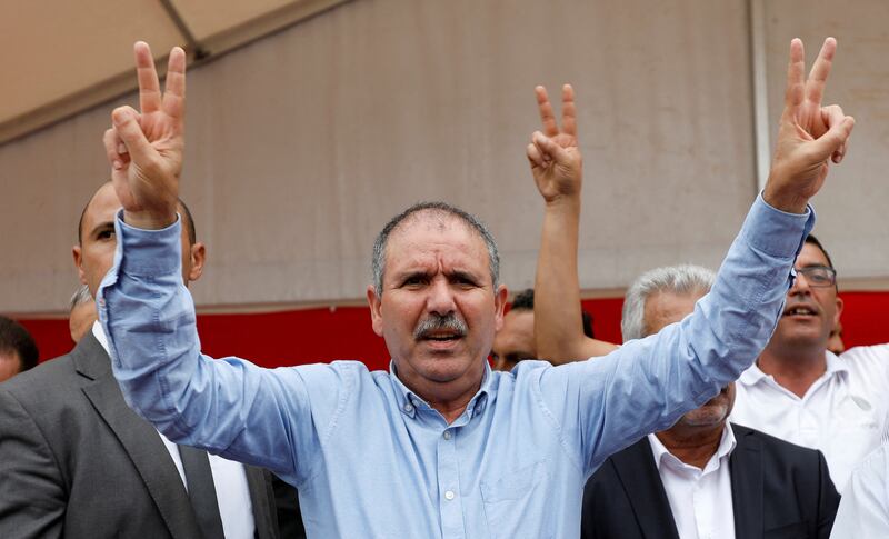 Noureddine Taboubi, secretary general of the Tunisian General Labour Union, at a workers' rally in Tunis. Reuters