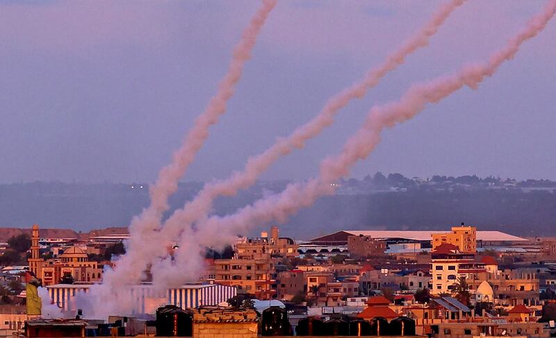 Rockets are launched towards Israel from the southern Gaza Strip, on May 17. AFP