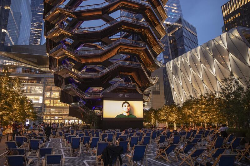 Moviegoers watch a screening of 'In the Heights' at the Tribeca Festival in the Hudson Yards neighbourhood of New York. Bloomberg
