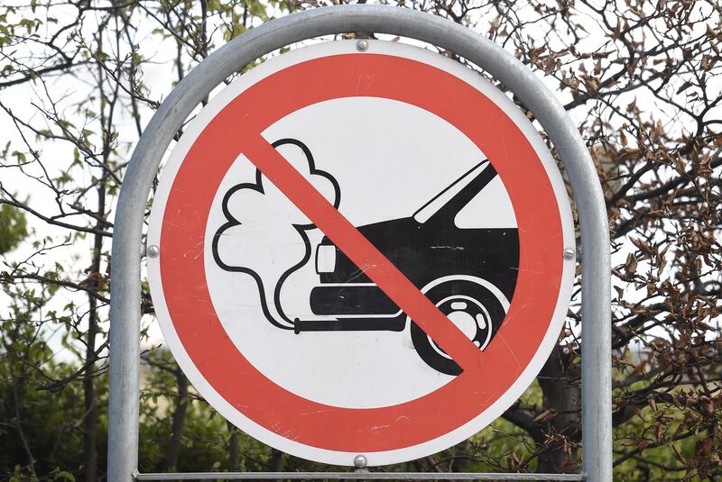 FILE PHOTO: An anti-exhaust emission traffic sign is pictured in Copenhagen, Denmark April 18, 2017.  REUTERS/Fabian Bimmer/File Photo