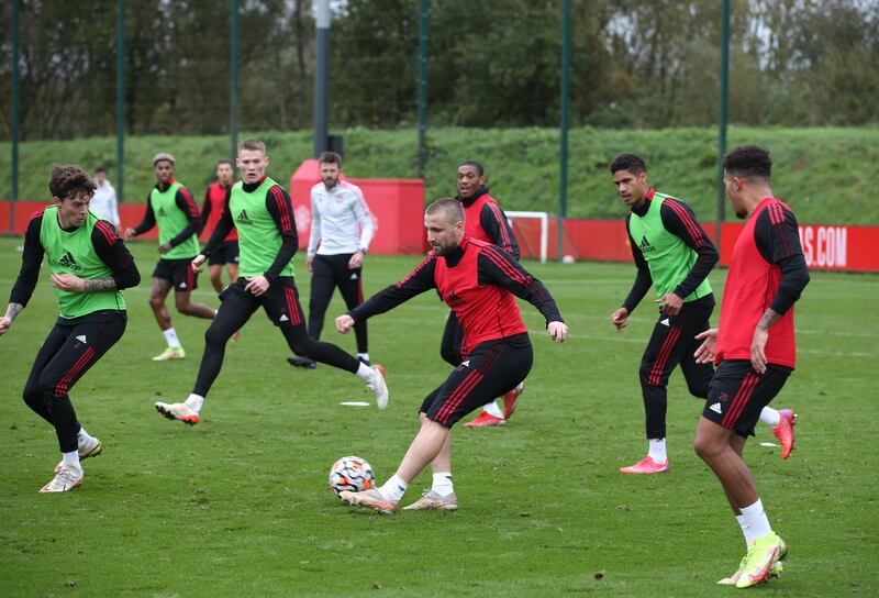 Luke Shaw of Manchester United in action during a first team training session.