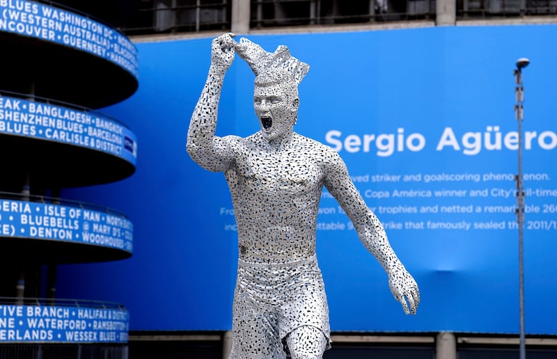 A statue of Manchester City's former striker Sergio Aguero, designed by sculptor Andy Scott, unveiled outside the Etihad Stadium. AP