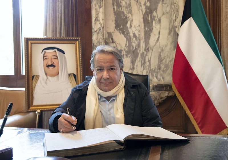 LONDON 1st October 2020. Former Kuwait Ambassador to Greece Raed Al-Rifai signs a book of condolence at the Kuwait Embassy in London , following the death of the Emir of Kuwait. Stephen Lock for the National 