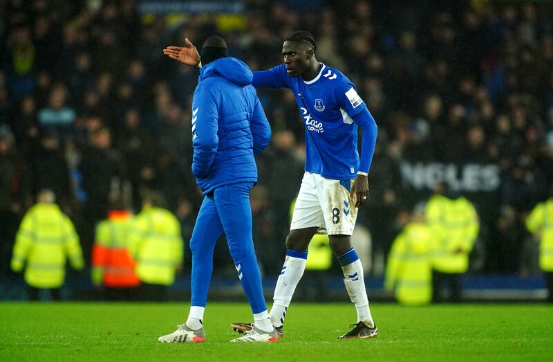 Everton's Amadou Onana looks dejected. PA