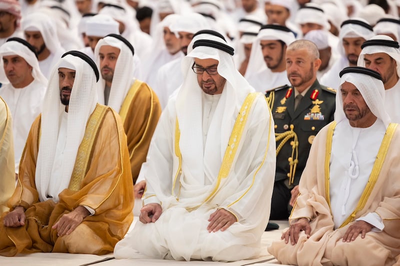 President Sheikh Mohamed and senior UAE officials perform Eid Al Adha prayers at the Sheikh Zayed Grand Mosque in Abu Dhabi. Abu Dhabi Media