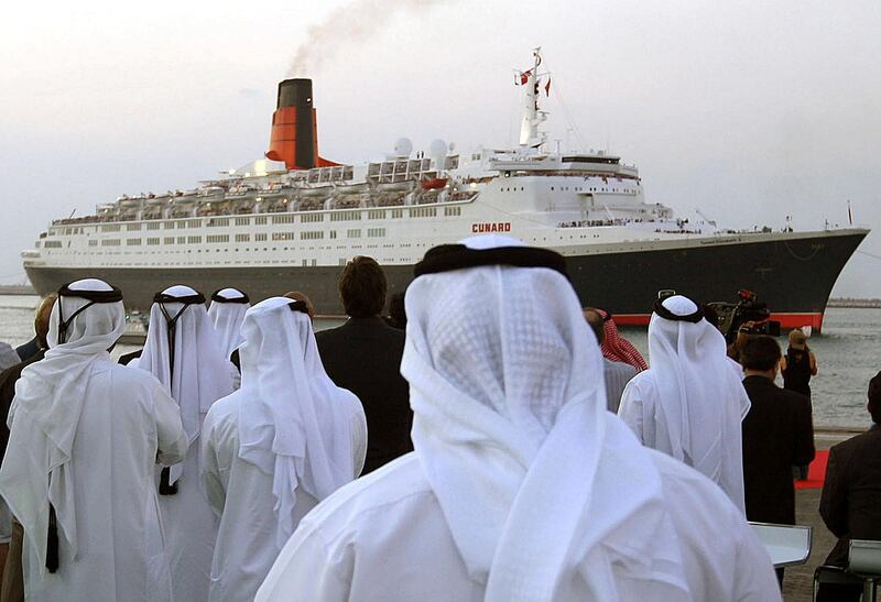 DUBAI, UNITED ARAB EMIRATES - NOVEMBER 26:  The QE2 ship arrives in Dubai from the UK on November 26, 2008.  (Randi Sokoloff / The National) *** Local Caption ***  RS016-1126-QE2crop.jpgna27no-boatspread2.jpg