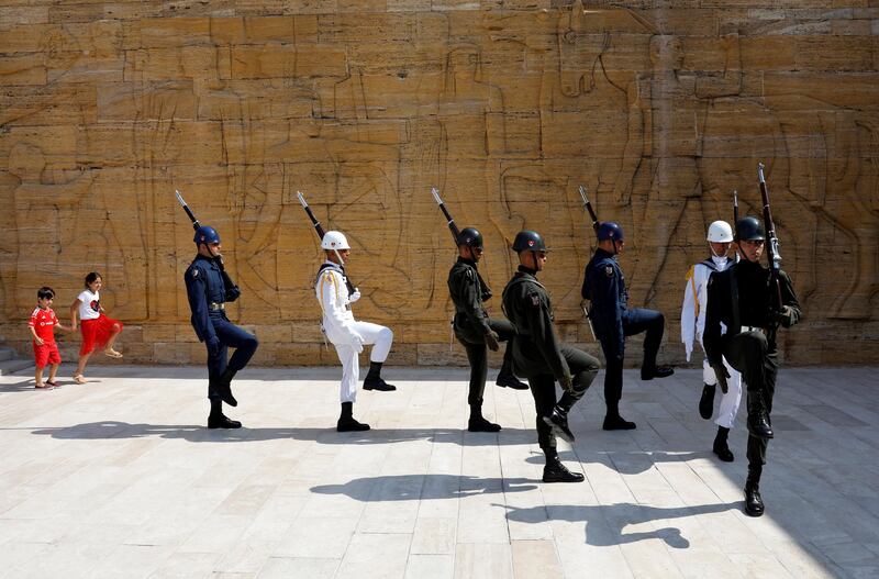 Soldiers march at the mausoleum of Mustafa Kemal Ataturk during a ceremony in Ankara marking the 95th anniversary of Turkey's Victory Day. Umit Bektas / Reuters