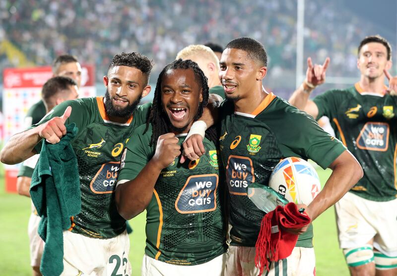 South Africa celebrate after beating Ireland at the  Dubai Sevens. 