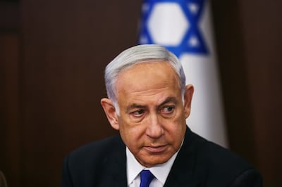 Israeli Prime Minister Benjamin Netanyahu at the weekly cabinet meeting in Jerusalem on Sunday. AP 