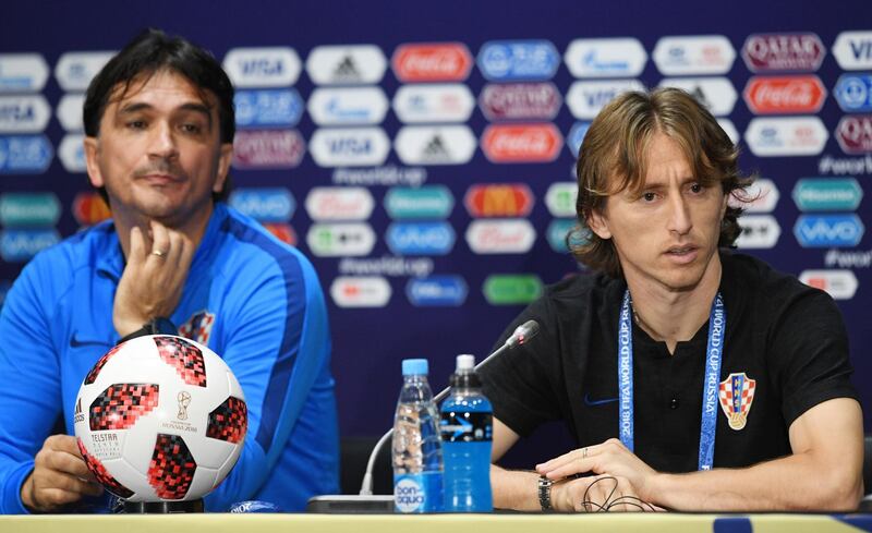 epa06887521 Croatia's headcoach Dalic Zlatko and Luka Modric speak to reporters during a press conference at the Luzhniki stadium in Moscow, Russia, 14 July 2018. Croatia will face France in their FIFA World Cup 2018 final soccer match on 15 July.  EPA/FACUNDO ARRIZABALAGA