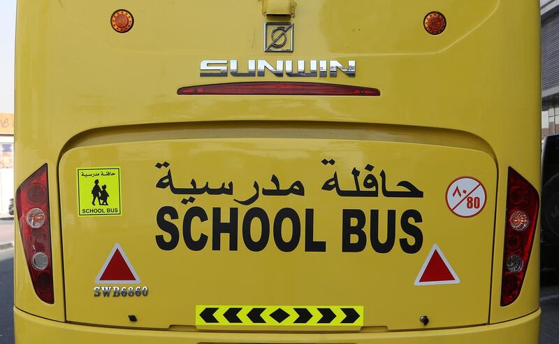 DUBAI , UNITED ARAB EMIRATES – Aug 23 , 2016 : Rear view of one of the school bus at the STS office in Al Joud Building near the 3rd Interchange in Dubai. Safety cameras , GPS and other devices installed in the school bus. ( Pawan Singh / The National ) For News. Story by Ramola Talwar. ID No - 42804 *** Local Caption ***  PS2308- BUS SAFETY24.jpg