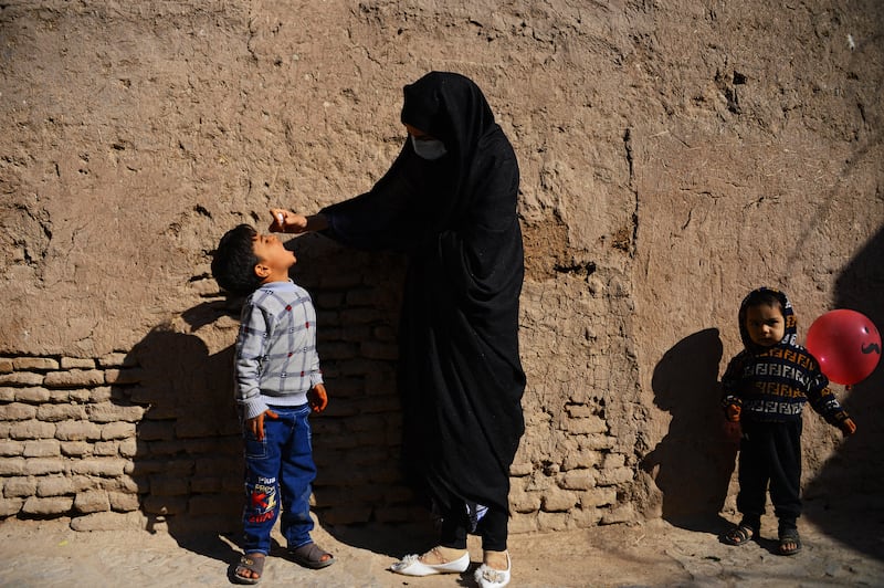 A child receives polio vaccine drops in the western Afghan city of Herat after the UN children's fund said the Taliban agreed to allow the UN to carry out a nationwide campaign. Photo: AFP