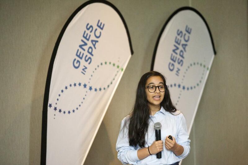 Alia Al Mansoori presents her project for the Genes in Space competition. Christopher Pike / The National