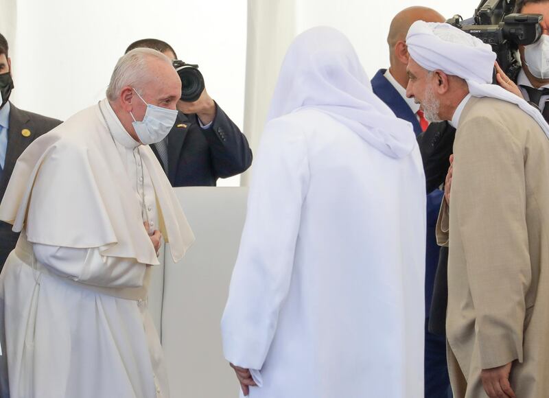 Pope Francis arrives at an interreligious meeting near the archaeological area of the Sumerian city-state of Ur, 20 kilometers south-west of Nasiriyah. AP Photo
