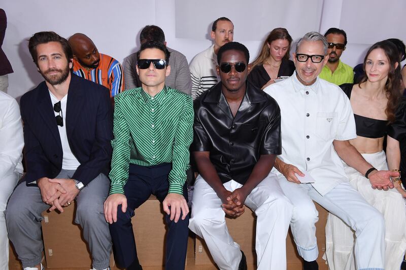 From left, Jake Gyllenhaal, Rami Malek, Damson Idris, Jeff Goldblum and his wife Emilie Goldblum on the front row. Getty Images