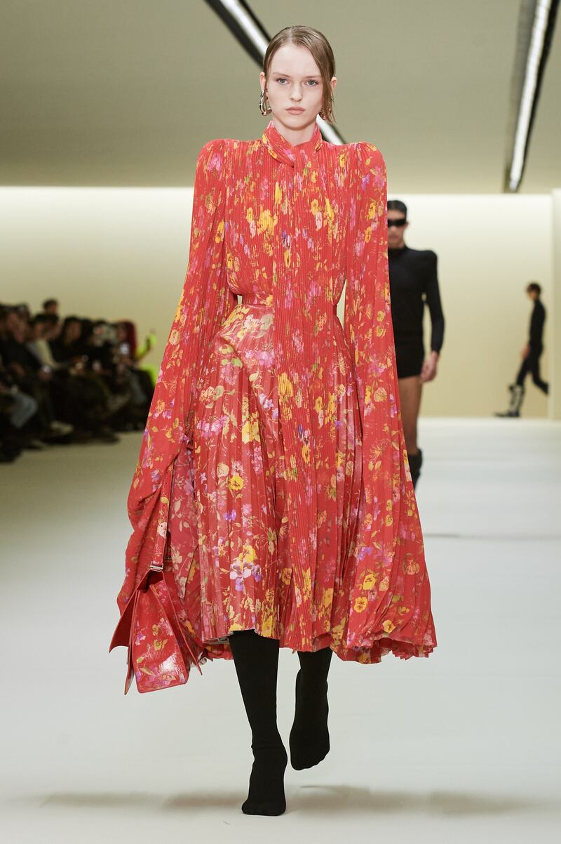 Balenciaga's autumn/winter 2023 show had some dresses with sleeves so long, the hands were completely covered.
All photos: Balenciaga