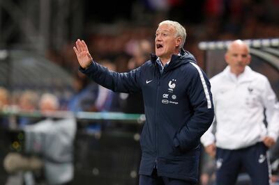 France's coach Didier Deschamps shouts instructions to his players during a friendly soccer match between France and Iceland, in Guingamp, western France, Thursday, Oct. 11, 2018. (AP Photo/David Vincent)