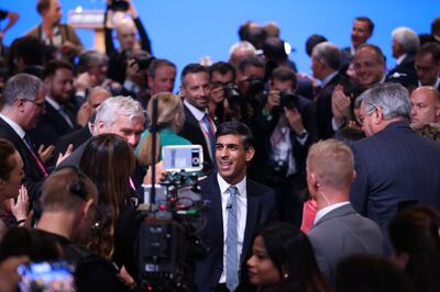 Rishi Sunak, UK prime minster, after delivering his keynote speech on the closing day of the UK Conservative Party Conference in Manchester, UK, on Wednesday, Oct.  4, 2023.  The address is Sunak's best chance for a reset in the eyes of voters ahead of a general election widely expected next fall. Photographer: Hollie Adams / Bloomberg  