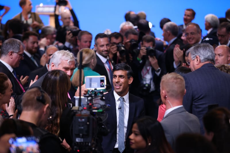 UK Prime Minister Rishi Sunak after delivering his keynote speech on the closing day of the UK Conservative Party Conference in Manchester on Wednesday. Bloomberg  