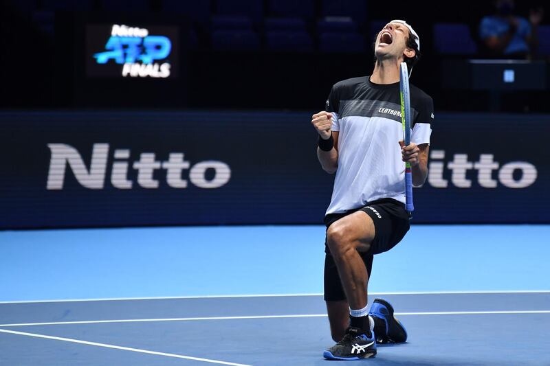 Brazil's Marcelo Melo reacts while playing with Poland's Lukas Kubot against Netherlands' Wesley Koolhof and Croatia's Nikola Mektic in their men's doubles round-robin match on day five of the ATP World Tour Finals in London. AFP