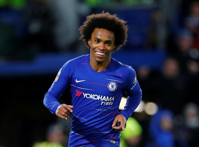 FILE PHOTO: Soccer Football - FA Cup Fourth Round - Chelsea v Sheffield Wednesday - Stamford Bridge, London, Britain - January 27, 2019  Chelsea's Willian celebrates scoring their third goal             REUTERS/Eddie Keogh/File Photo