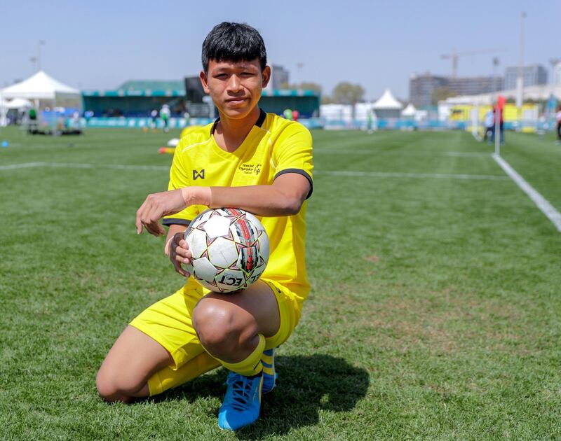 Abu Dhabi, March 18, 2019.  Special Olympics World Games Abu Dhabi 2019. Forv Ramola:  Ardul Butsiri of the Thai football team.
Victor Besa/ The National
Section:  NA
Reporter: Ramola Talwar