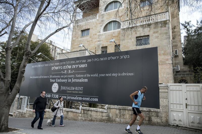 Signs around Jerusalem advertise new properties for embassies to make the move to Jerusalem in an already competitive and expensive housing market.
(Photo by Heidi Levine for The National).