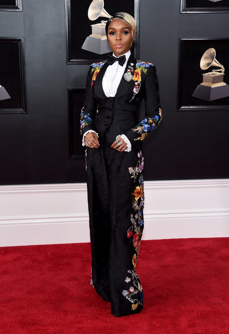 Janelle Monae, wearing a Dolce & Gabbana tuxedo with floral detailing, attends the 60th Grammy Awards on January 28, 2018. Getty Images 