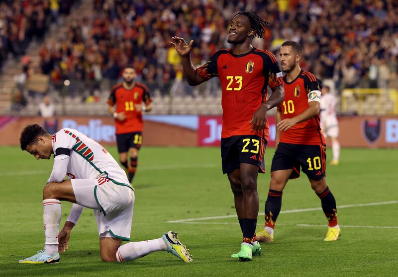 Michy Batshuayi of Belgium celebrates after he scores against Wales. Getty Images