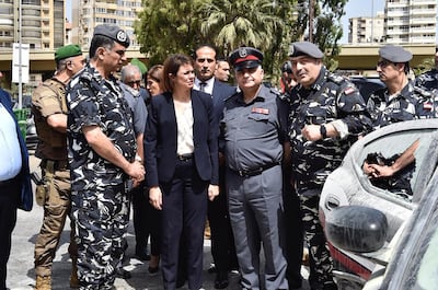 Raya El Hassan, Lebanese Minister of Interior, inspects damage left after a gunfight with an ISIS fighter who attacked security forces in Tripoli. Social Media 