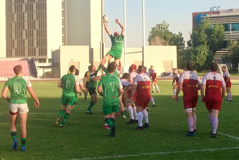 A Dubai Sports City Eagles player goes for a lineout ball during his side's emphatic loss to Bahrain. Paul Radley / The National