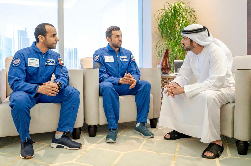 DUBAI, 21st February, 2019 (WAM) -- H.H. Sheikh Hamdan bin Mohammed bin Rashid Al Maktoum, Crown Prince of Dubai and Chairman of the Mohammed bin Rashid Space Centre, received today at his office in Emirates Towers in Dubai, the two Emiratis astronauts Hazza Al Mansoori and Sultan Al Neyadi. Wam