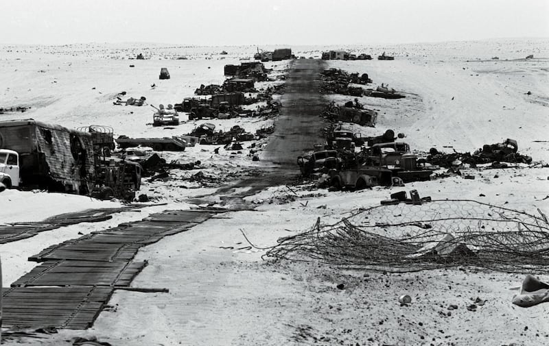 Destroyed Egyptian armour lines the sides of a Sinai road after it was hit by Israeli jet fighters during the 1967 Six Day War. [In six days Israel took control of the West Bank, the Gaza Strip, Sinai and the Golan Heights as well as "unifying" Jerusalem by capturing East Jerusalem and the Old City, thus increasing Israel's land mass dramatically. It also became burdened with hundreds of thousands of Palestinians along with the land it captured.] Israel celebrates its  50th Golden Jubilee anniversary on April 30, according to the Hebrew calendar.