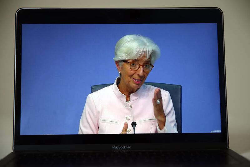 Christine Lagarde, president of the European Central Bank (ECB), is displayed on a laptop computer during a live stream video of the central bank's virtual rate decision news conference in Frankfurt, Germany, in this arranged photograph in London, U.K., on Thursday, July 16, 2020. The European Central Bank kept its emergency monetary stimulus unchanged as the region’s political leaders prepared to haggle over a plan to drag the economy out of the worst slump in living memory. Photographer: Hollie Adams/Bloomberg