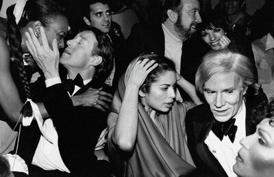 Celebrities during New Year's Eve party at Studio 54: (L-R) Halston, Bianca Jagger, Jack Haley, Jr. and wife Liza Minnelli and Andy Warhol.  (Photo by Robin Platzer/Twin Images/The LIFE Images Collection/Getty Images)
