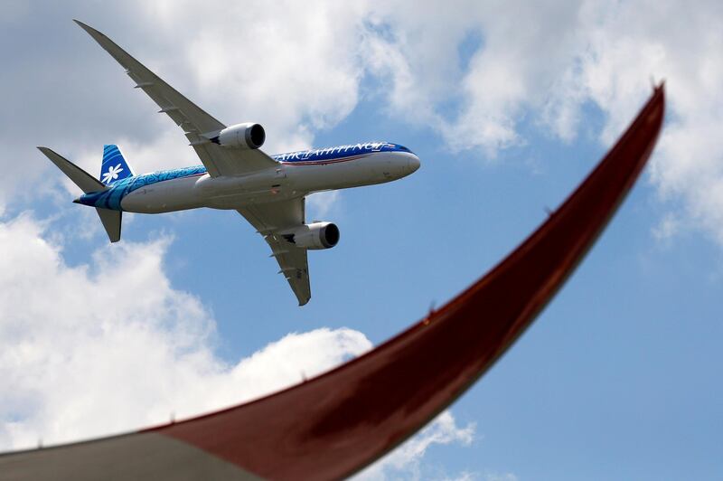 An Boeing 787-9 Dreamliner of Air Tahiti Nui performs during the 53rd International Paris Air Show at Le Bourget Airport near Paris, France, June 17, 2019. REUTERS/Pascal Rossignol