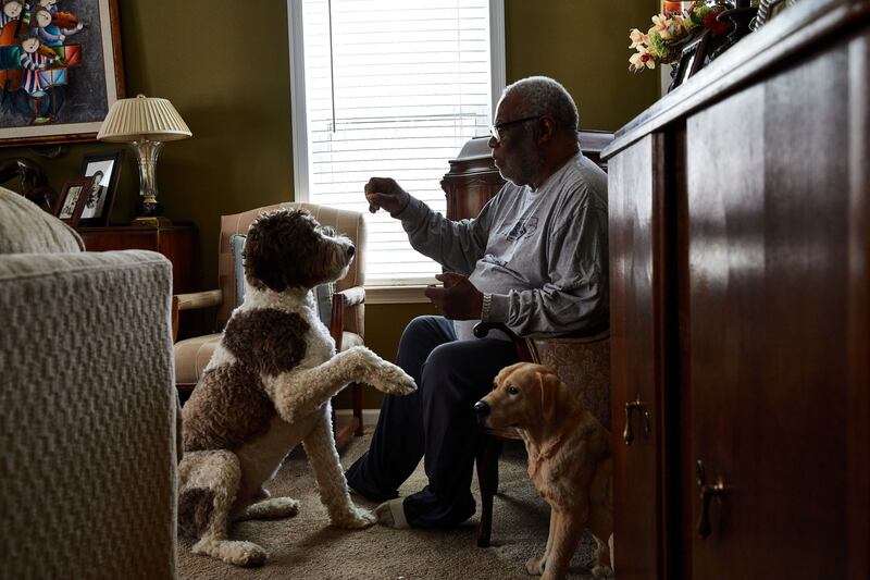 Brian van Buren, a 71-year-old retired flight attendant living with Alzheimer's since 2015, at home with his two dogs in Charlotte, North Carolina, in March. Bloomberg