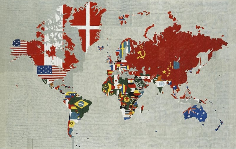 One of Alighiero Boetti’s embroidered maps of the world from 1984. Far from being the neutral presentation of objective reality, map-making is an inherently political process. Copyright Christie’s Images Ltd