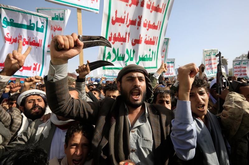 Houthi supporters during a protest against the US and Israel, and in solidarity with the Palestinian people, in Sanaa on May 31, 2024.  EPA