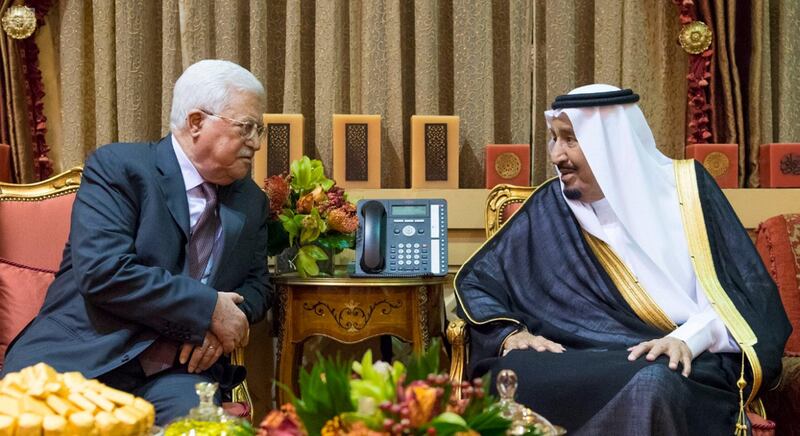 HRH King Salman of Saudi Arabia receives Palestinian President, Mahmoud Abbas. Saudi Press Agency