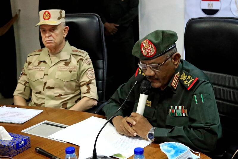 Sudanese military Chief of Staff Mohamed Othman al-Hussein speaks alongside his Egyptian counterpart Mohamed Farid during a meeting of the Egyptian-Sudanese military committee in Sudan's capital Khartoum. AFP