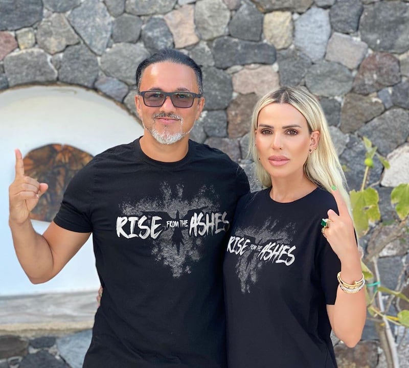 Moroccan-Swedish producer Red One and Dutch-Moroccan fashion designer Laila Aziz wearing Zuhair Murad's Rise from the Ashes T-shirt. Instagram / redone
